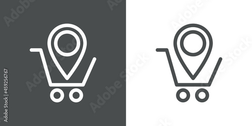 Logotipo con silueta de carrito de la compra con puntero de posición con lineas en fondo gris y fondo banco