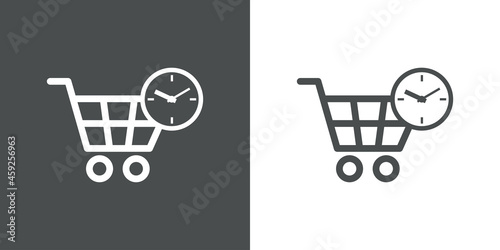Logotipo con silueta de carrito de la compra con esfera de reloj simple con lineas en fondo gris y fondo banco
