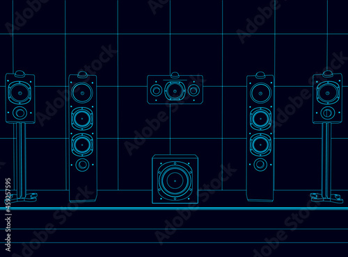Wireframe of speakers in a room made of blue lines on a dark background. Vector illustration