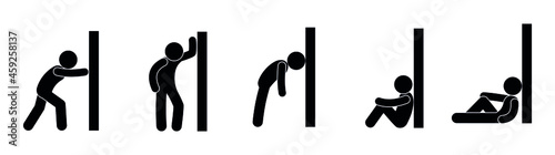 man pushing the wall, set of isolated pictograms, stick figure icons people, human silhouette stands, sits, lies near the wall