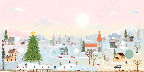 Winter landscape in village, Christmas and new year celebrated in the city,Vector of horizontal banner winter wonderland in the town with happy kids sledding and couple with skiing in the park