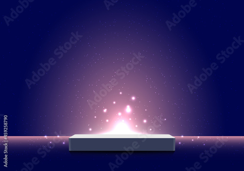 3D realistic pedestal podium with light burst illumination partlcles on dark blue background