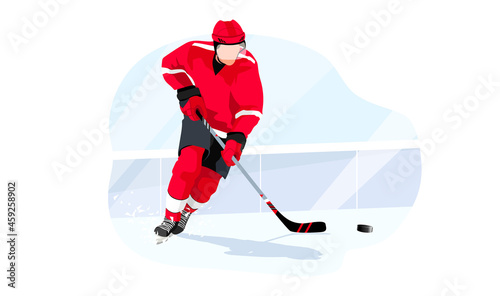 Hockey player in red uniform is practicing and exercising to become better sportsman. Concept of game and physical development. Vector graphic illustration