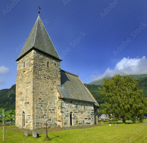 12-th century stone Hove Church (Hove kyrkje), a historic parish church in Vikoyri, Vik, Sogn og Fjordane county, Vestland county, Norway. photo