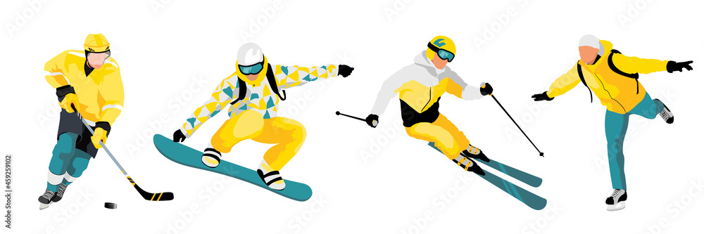 Obraz premium Four men are doing sports like hockey, snowboarding, skiing and ice skating. Image isolated on white background. Concept of physical exercises and development. Vector graphic illustration