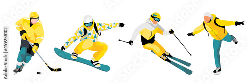 Four men are doing sports like hockey, snowboarding, skiing and ice skating. Image isolated on white background. Concept of physical exercises and development. Vector graphic illustration