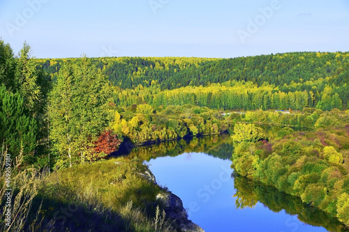 Autumn panorama of the Sylva river valley from the top of Grekhovskaya mountain photo