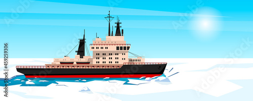 Icebreaker is shipping at Antarctic north pole breaking ice. Horizon with sun in the background. Concept of industrial watercraft. Vector graphic illustration