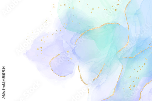Mint, violet and turquoise liquid watercolor background with golden glitter brushstrokes and lines. Elegant fluid marble alcohol ink drawing effect with golden stains. Vector illustration for wedding
