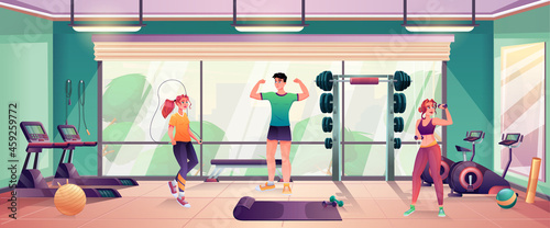 Gym interior with sportsman, mirror, green walls, panoramic window with park and cityscape view, running track, dumbbell, barbell, cycling and fitness equipment. Vector graphic illustration