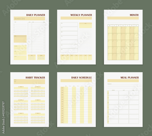 Planner template, vector elements for calendars and organizers, diary pages with habit tracker, weekly planner, year goals, daily tasks