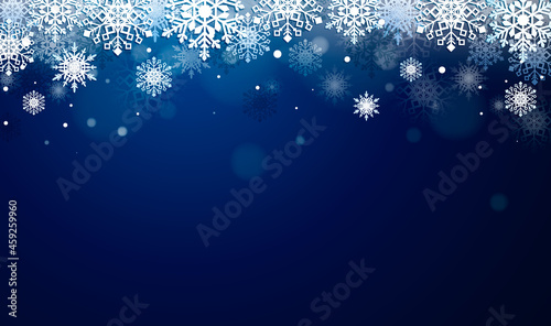 Frame made of beautiful snowflakes on dark blue background. Concept of christmas and Happy New Year holiday greeting card. Vector illustration