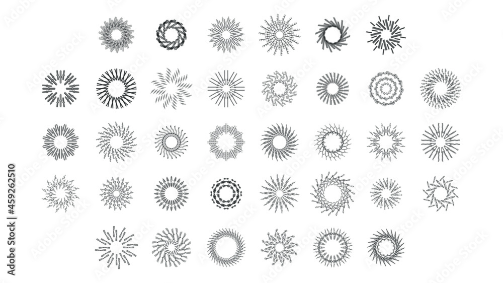 Set Abstract Collection Round Circles Starburst Sunburst Sunset Black Line Doodle Design Elements Bursting Rays Sunrise Shine Light Radiant Sparkles Vector Design Style