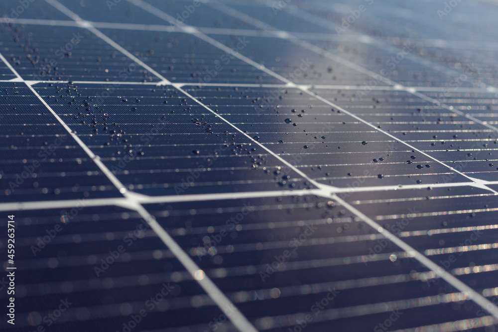 Solar panels blue background, texture. Rain on the solar panel. Blue ...