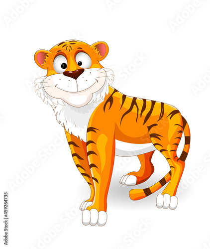 Tiger cartoon character. Cartoon smiling tiger on a white background 