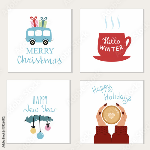 Set postcard New Year and Christmas. Bus gift. Lettering hello winter. Mug tea. Toy Christmas tree.