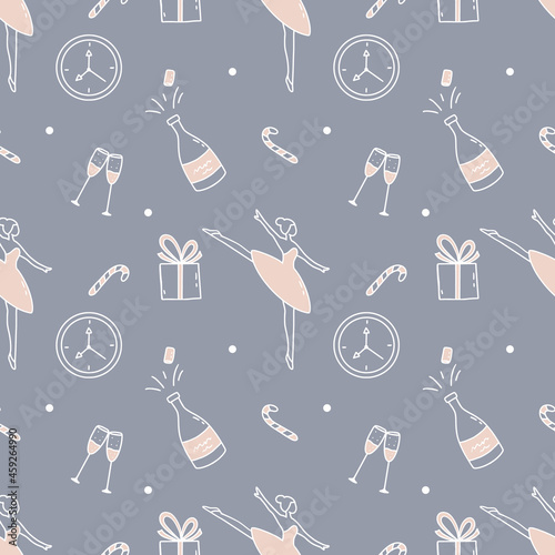 Seamless pattern for New Year and Christmas. Сute ballerina, bottle of champagne and watch.