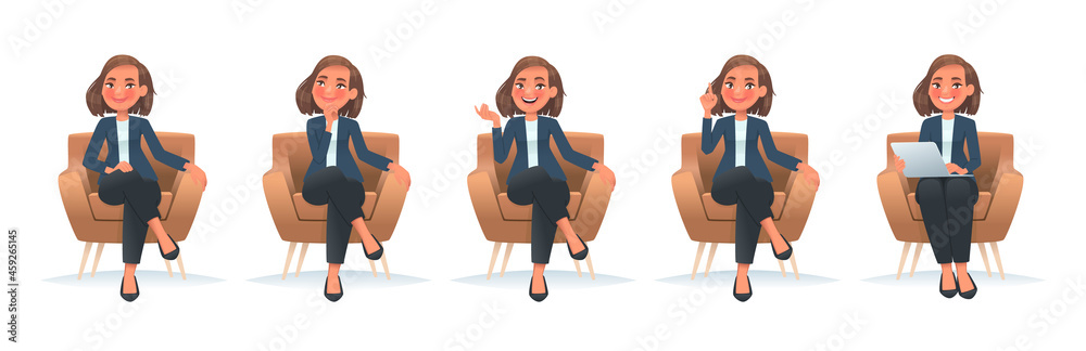 Set of character of a business woman sitting in a chair. A girl employee in a armchair speaks, thinks, works at a laptop Set of character of a business woman sitting in a chair. A girl employee in a armchair speaks, thinks, works at a laptop