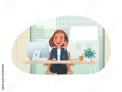 Business woman, entrepreneur or company employee sits at desktop PC and talks on the phone in the office