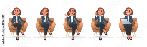 Set of character of a business woman sitting in a chair. A girl employee in a armchair speaks, thinks, works at a laptop