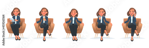 Set of character of a business woman sitting in a chair. A girl employee in an armchair uses a tablet and a phone, rests, drinks coffee