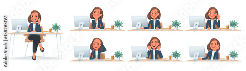 Business woman at desktop. CEO or employee of the company with different emotions and gestures at the table at work. The girl dreams
