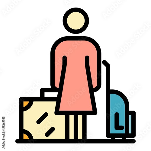 Woman hitchhiking icon. Outline woman hitchhiking vector icon color flat isolated