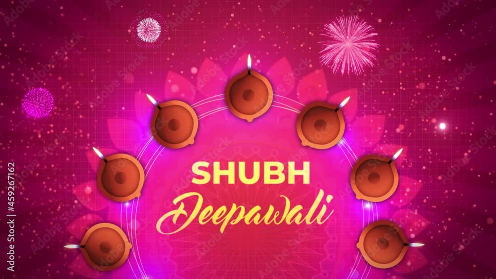 Beautiful Happy Diwali greeting card with lamp and rangoli Loop background. festival of lights, Oil lamps. for Shubh Deepawali. Celebration, Invitation, Wishes. without text version included.