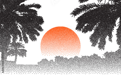 Stipple retro palms sunset. Palm tree beach vector background. Dotwork nature landscape. Vector illustration.