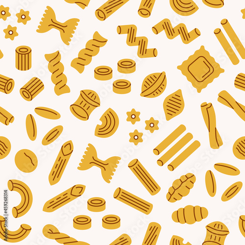 Pasta seamless pattern. Vector background with italian noodle, fusilli, macaroni, ravioli, spaghetti. Food flat illustration.