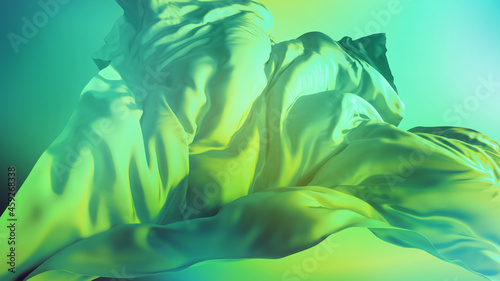 3d render. Abstract fashion background with mint green drapery. Silk cloth is blown away by the wind