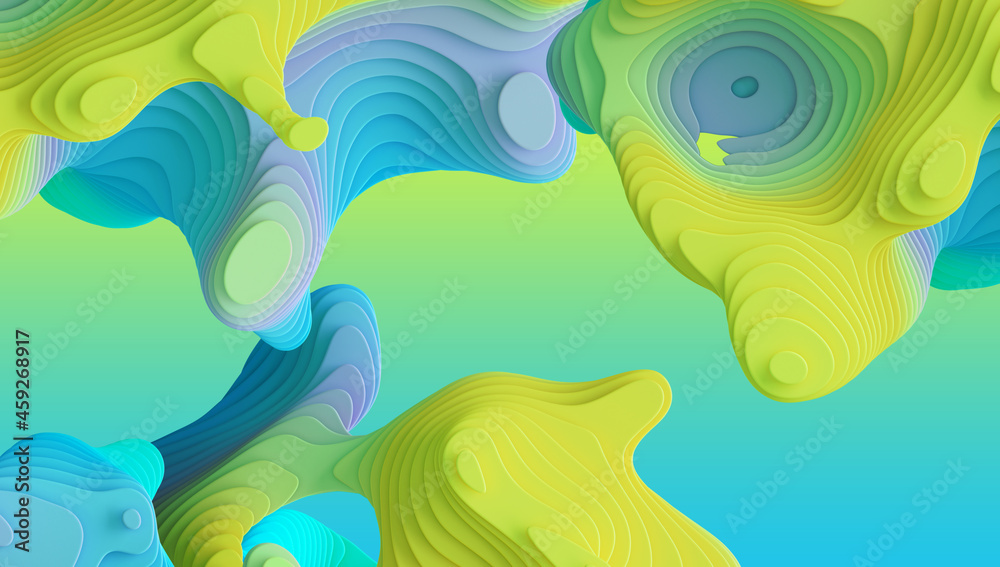 3d render, abstract colorful neon background with volumetric curvy shapes and wavy lines. Blue mint green yellow creativewallpaper with marbling effect