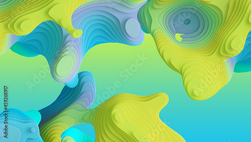3d render  abstract colorful neon background with volumetric curvy shapes and wavy lines. Blue mint green yellow creativewallpaper with marbling effect