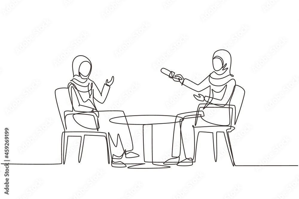 Single one line drawing talk show studio with interviewing, discussing hosts. People recording tv program, Arab woman journalist questioning guest star. Continuous line draw design vector illustration