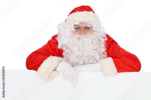 Crazy cheerful Santa Claus near copy space area, isolated over white background. Merry Christmas and New Year concept