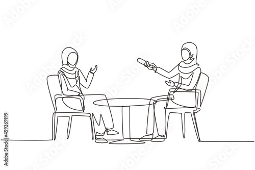 Single one line drawing talk show studio with interviewing, discussing hosts. People recording tv program, Arab woman journalist questioning guest star. Continuous line draw design vector illustration