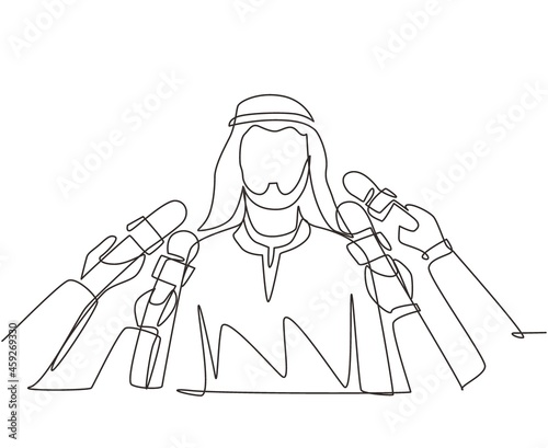 Single one line drawing Arab man interview with microphones. Popular person, presenter, celebrity, political gives comment for breaking news, reportage. Continuous line draw design vector illustration