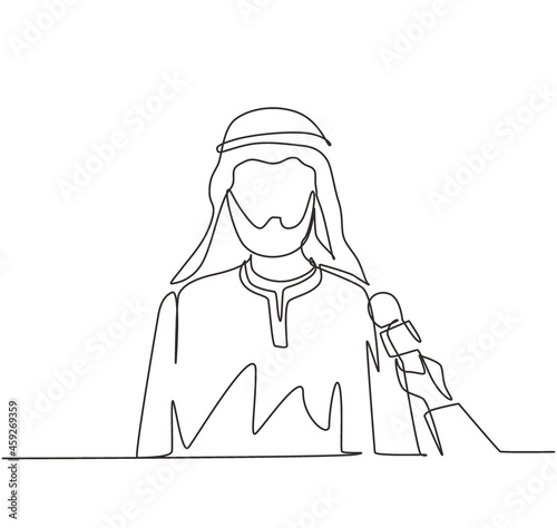 Single continuous line drawing Arab businessman giving interview in presence of journalists with microphones. Man gives comments, opinions for breaking news. One line draw design vector illustration