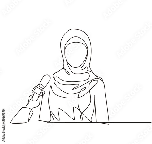 Single one line drawing interview with young Arabian girl. Digital journalism. News conference world live tv hands of journalists microphones interview. Continuous line draw design graphic vector