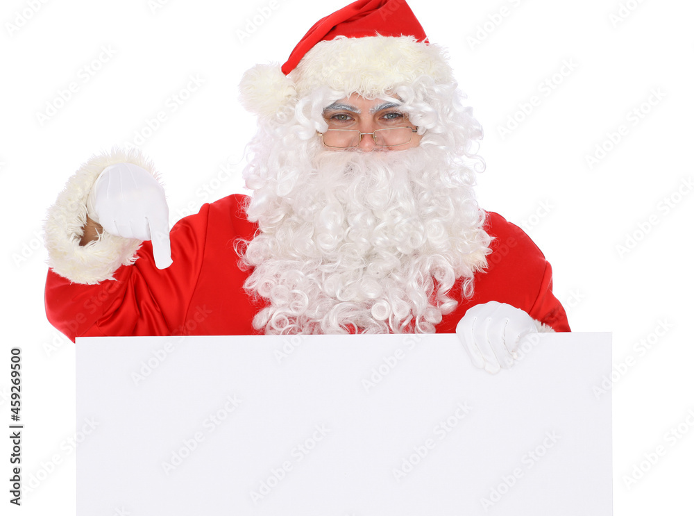 Crazy cheerful Santa Claus near copy space area, isolated over white background. Merry Christmas and New Year concept Crazy cheerful Santa Claus near copy space area, isolated over white background. Merry Christmas and New Year concept