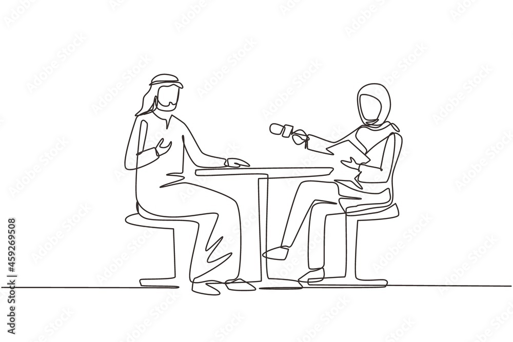 Continuous one line drawing TV presenter Arabian woman interviewing celebrity men in television studio shooting interview. Show host, Muslim guest talking. Single line draw design vector illustration