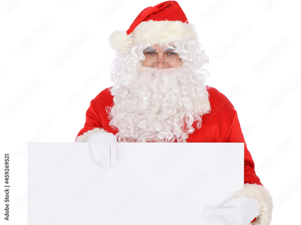 Crazy cheerful Santa Claus near copy space area, isolated over white background. Merry Christmas and New Year concept Crazy cheerful Santa Claus near copy space area, isolated over white background. Merry Christmas and New Year concept