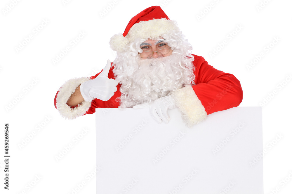 Naklejka premium Crazy cheerful Santa Claus near copy space area, isolated over white background. Merry Christmas and New Year concept