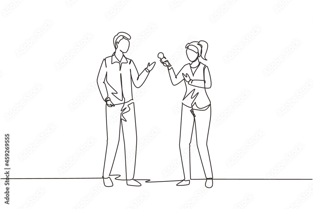 Single continuous line drawing TV journalist, reporter with microphone interviews senator, vip businessman, congressman. Business news, tv channel. One line draw graphic design vector illustration Single continuous line drawing TV journalist, reporter with microphone interviews senator, vip businessman, congressman. Business news, tv channel. One line draw graphic design vector illustration