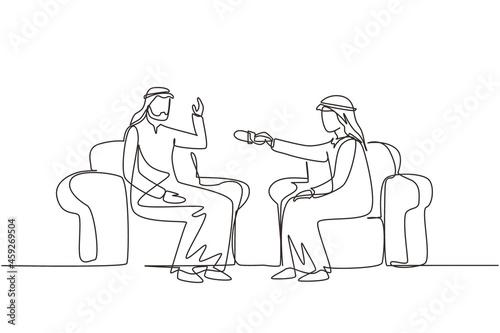 Single continuous line drawing interview with famous person. Television, internet broadcast where Arab journalist talks to celebrity. Journalist, interviewer. One line draw design vector illustration