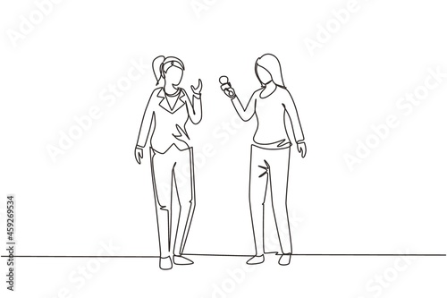 Single one line drawing business woman giving an interview in the presence of journalist with dictaphone. Female tv reporter interviewing questions. Continuous line draw design vector illustration