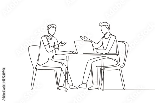 Single continuous line drawing male interviewing famous person in studio for tv show. Concept of television or internet broadcast with journalist talking to celebrity. One line draw design vector