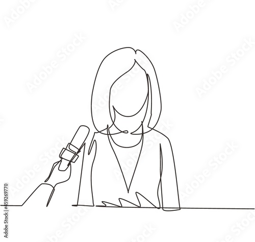 Continuous one line drawing interview with young girl. Digital journalism. News conference world live tv hands of journalists microphones interview concept. Single line draw design vector illustration