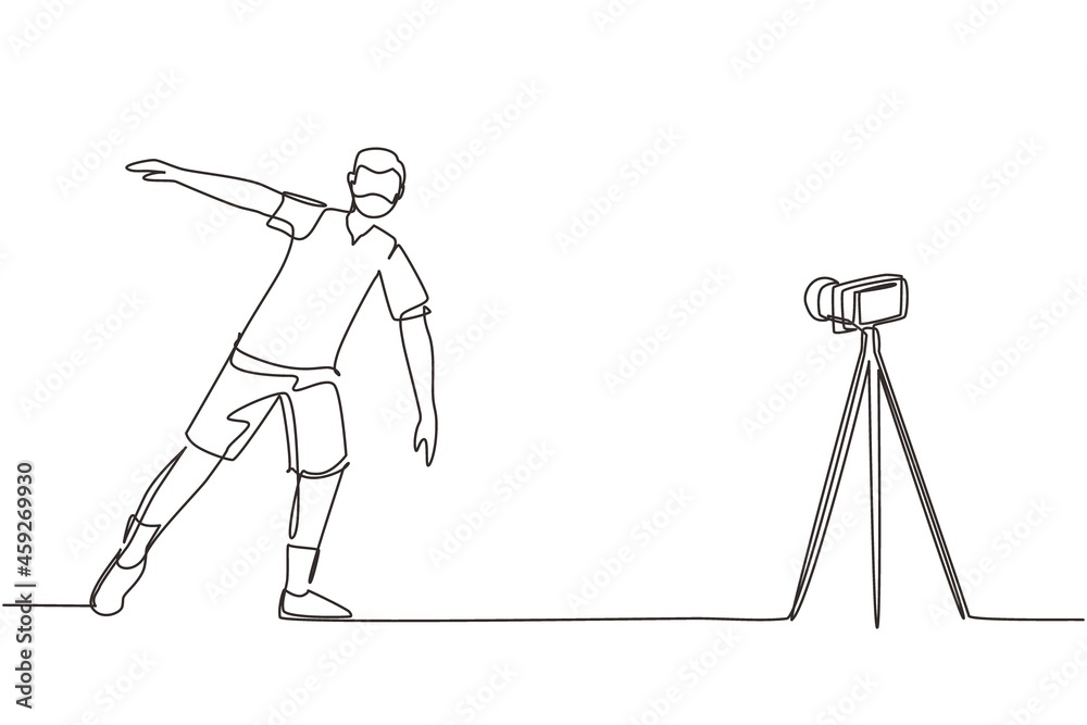 Continuous one line drawing happy young Arab man doing exercise on mat with camera. Shooting video for blog on video camera. Online training. Sport at home. Single line draw design vector illustration Continuous one line drawing happy young Arab man doing exercise on mat with camera. Shooting video for blog on video camera. Online training. Sport at home. Single line draw design vector illustration
