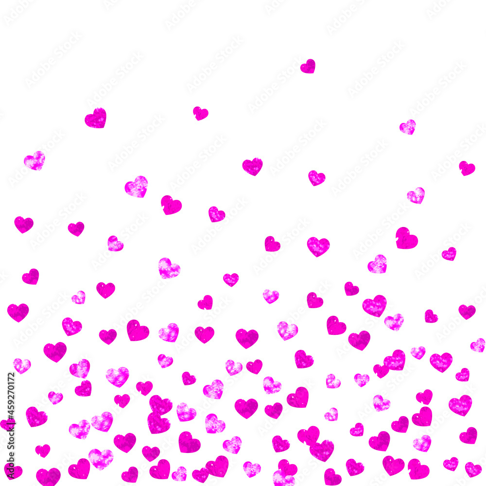 Valentine background with pink glitter hearts. February 14th day. Vector confetti for valentine background template. Grunge hand drawn texture.